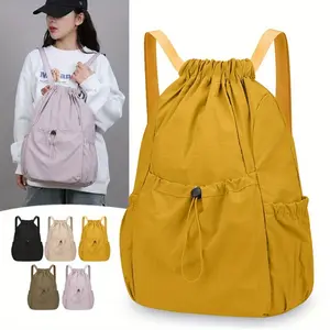 Korean Style Lightweight Foldable Travel Backpack - Large Capacity Oxford Drawstring Bag with Multiple Compartments & Padded Straps for Teen Students, Travel, Daily Use (Khaki, Brown, Purple, Yellow, Black), Secure Travel Bag Casual Student Accessory