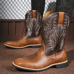 Men's Trendy Boots, Western Cowboy Boots, Embroidered Mid-Calf Boots Walking Shoes Footwear Closed Comfort