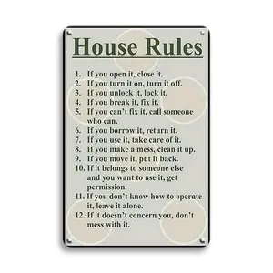 House Rules Sign, Vintage Tin Sign, Wall Art Decor, Metal Poster Plaque, Indoor Decoration Sign for Home Decor, Room Decor, Garage Decor, Bedroom Decor, Decorative Plaque