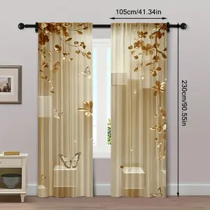 2 Art Flower and Butterfly Clear Curtains - Vintage Gold Leaf Design, Polyester Fabric, 29.53 × 65.35, 41.34 × 90.55, 51.18 × 82.68, Perfect for Living Room, Bedroom, Kitchen, Living Room Curtains, Window Curtain
