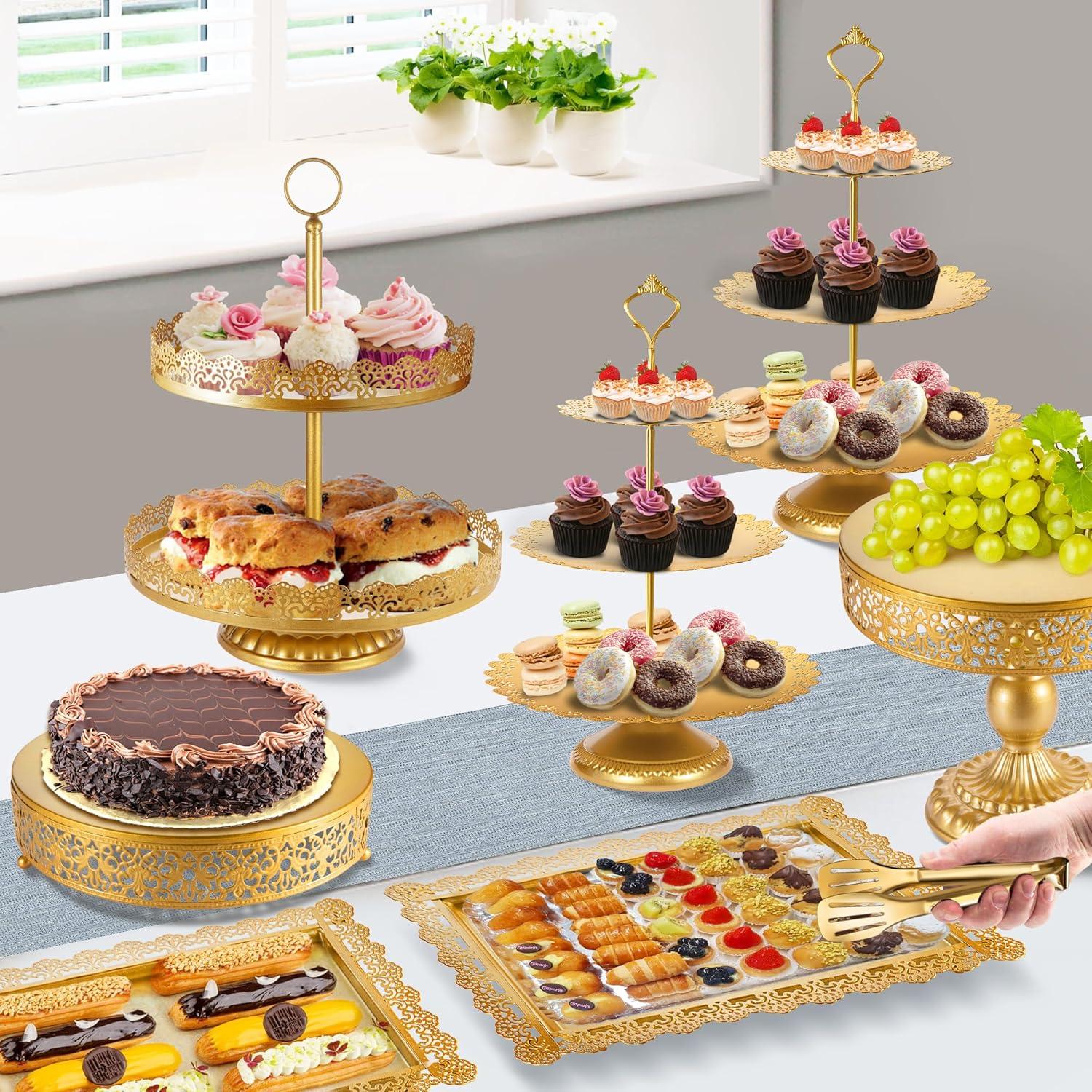 10 Pcs Gold Cake Stand Set for Wedding, Dessert Table Display Set for Birthday, Metal Square Serving Trays for Candy, Cupcake Pop Stand Holder Tower with Round Base for Celebration, The Platters for Party