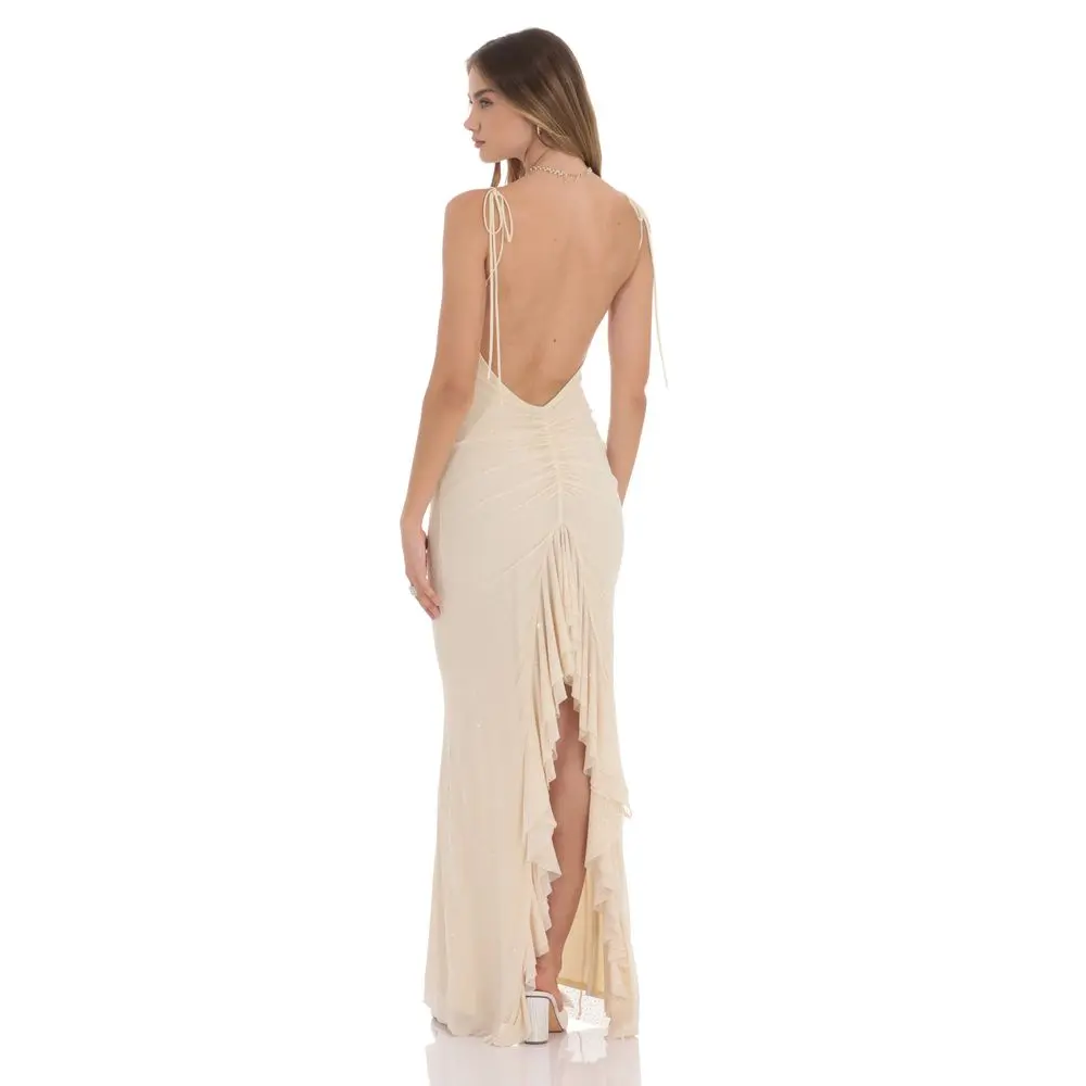 Rhinestone Mesh Open Back Maxi Dress in Beige