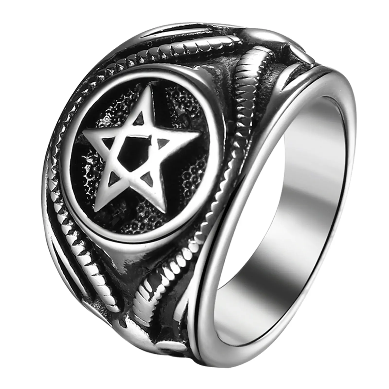 OIDEA Men's Pentagram Goat Signet Ring - 0.65" Width Stainless Steel Gothic Punk Statement Jewelry, Gunmetal Macabre Dark Art Geometric Anti-Rust Death Metal Band
