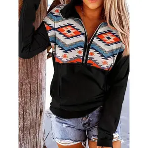 Aztec Print Half Zip Pullover Sweatshirt, Casual Long Sleeve Crew Neck Sweatshirt for Fall & Winter, Women’s Clothing