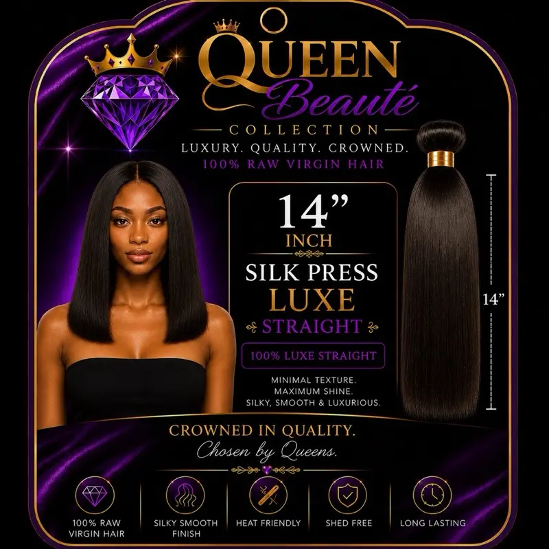 14” Silk Press Luxe Straight Bundle • Silken Soft Texture with Natural Luster • Tangle-Resistant & Minimal Shedding • Fully Customizable: Color, Curl & Heat Style • Rich, Full Density from Root to Tip • Exceptional Longevity with Proper