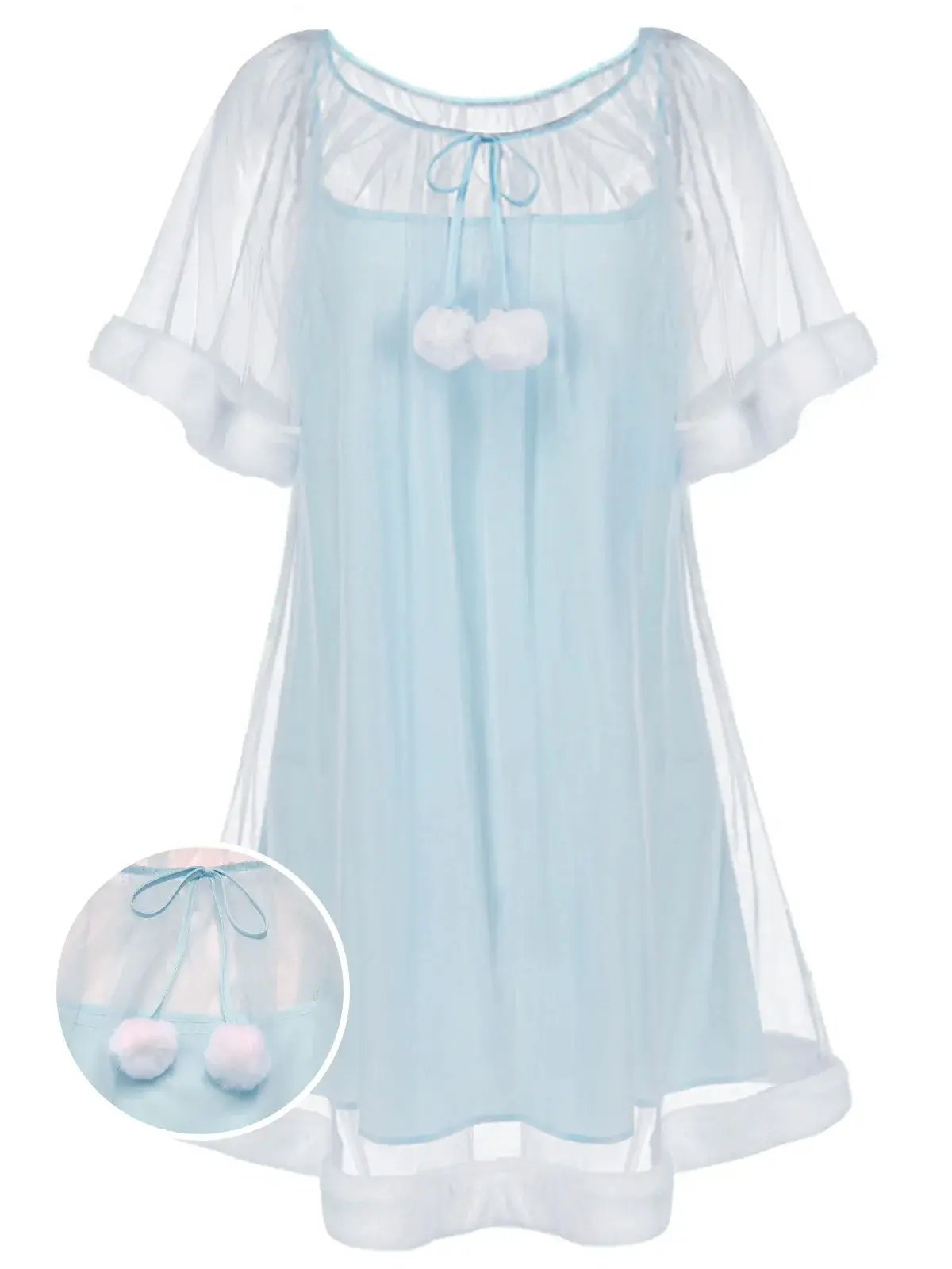Women's 1940s Princess Style Blue Ruffle Sleeve Embellished Tulle Trim Plush Above-Knee Short Sleeve Option, Nightwear Sleepwear Homewear Loungewear Summer Outfit, Shortsleeve Elegant Sleeveless Nightgown Spaghetti Strap Nightgown