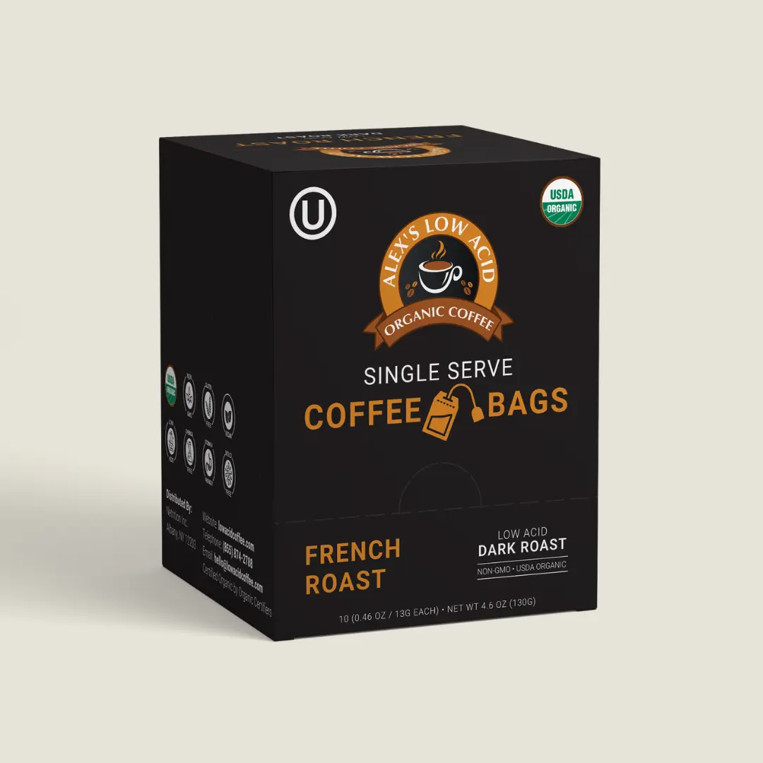 Alex's Low-Acid Organic Coffee French Roast Coffee Steep Bags (Tea Bag Style)