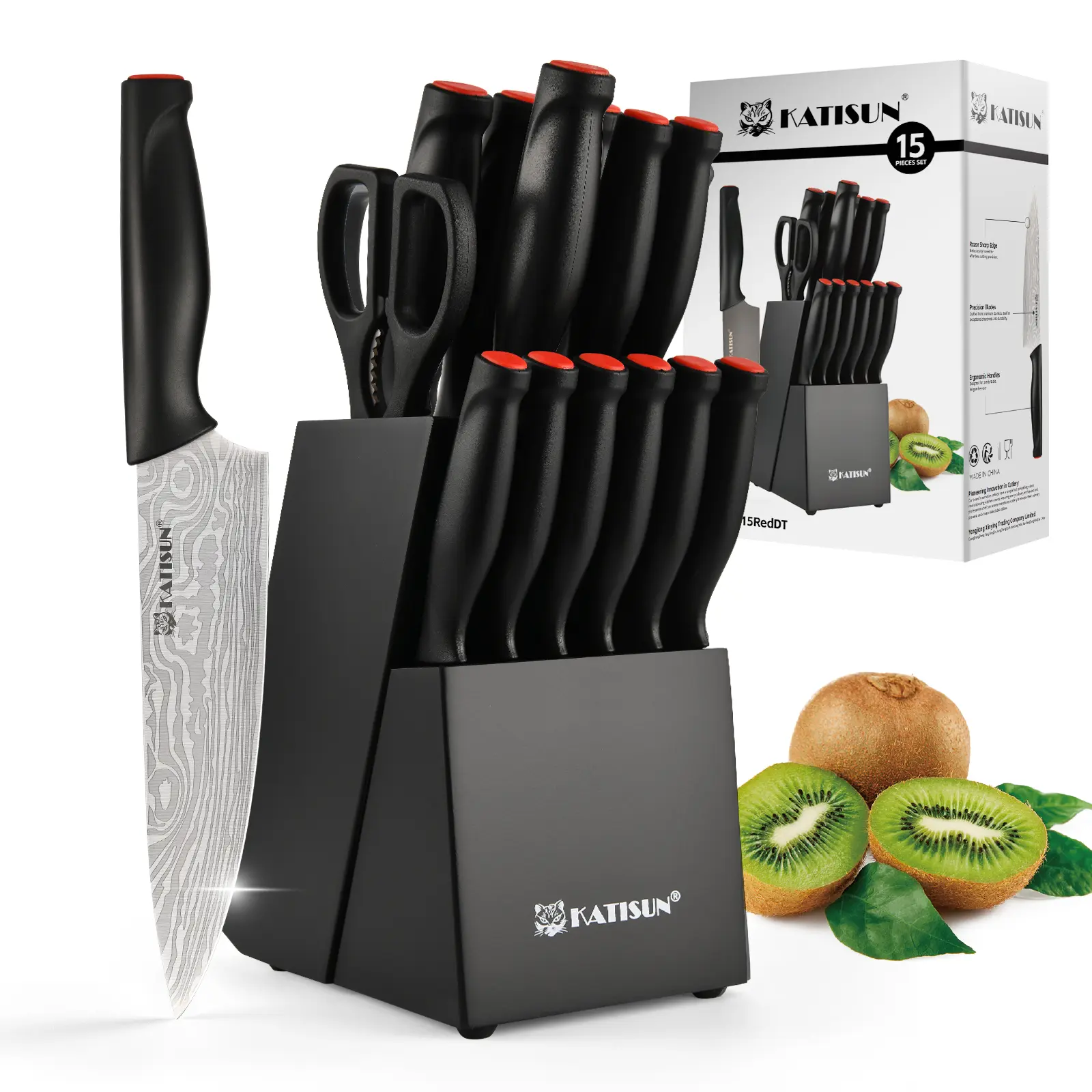 15 Pieces Damascus Pattern Kitchen Knife Block Set, Ergonomic Black Anti-Slip Handle with Red Trim, High Carbon Steel Chef Knife, Includes Sharpener and Scissors and Wooden knife block, Perfect For Professionals,TikTokShopBlackFriday