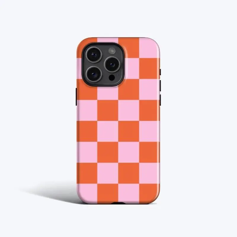 Y2K Style Orange-Pink Large Checkered Smartphone Case, Handheld Cellphone Shell, Phone Accessories for iPhone 17, 16, 15, 14, 13, 12, 11 Pro Max Plus