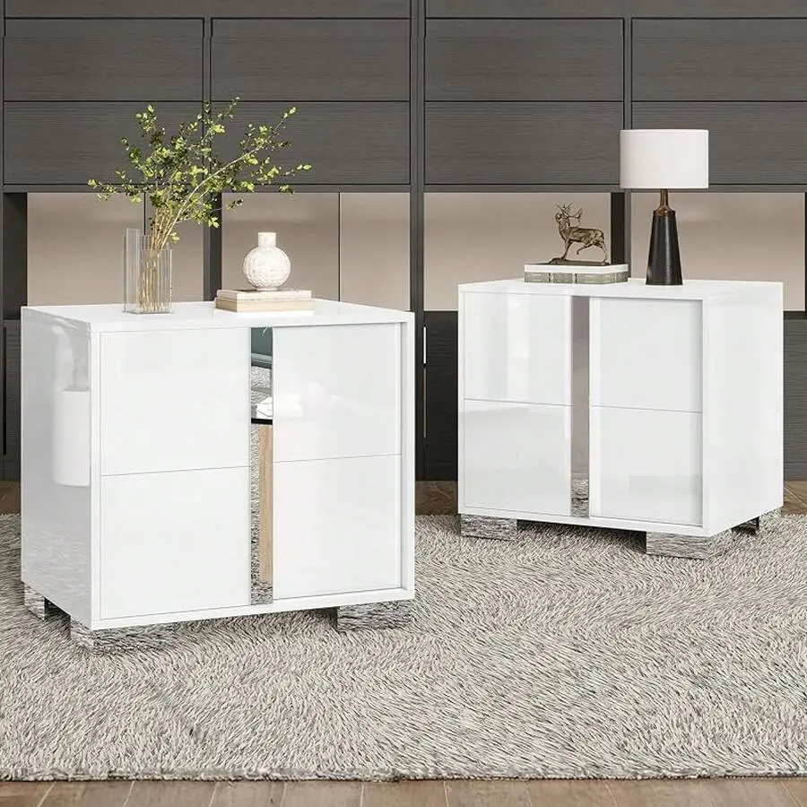 23.6" Modern Nightstand With Drawers – High Gloss UV Finish & Electroplated Pull Handle, Bedside Table For Bedroom Mobile Standing Desk Wheels Marble Dining