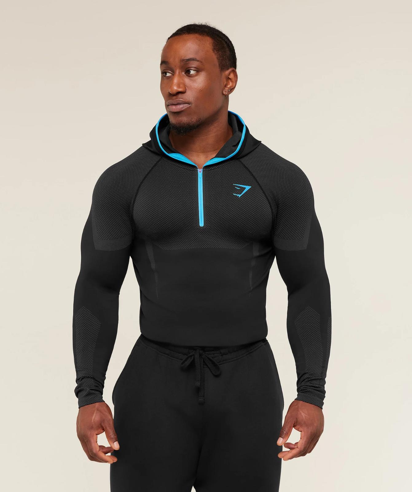 Onyx 5.0 Seamless Hoodie - Black/Blue Men's Fitted Athletic Hoodie for Workout Onyx 5.0 Seamless Hoodie - Black/Blue Men's Fitted Athletic Hoodie for Workout