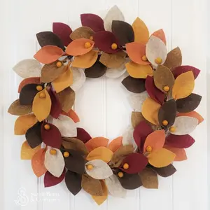 Felt Flower Wreath, 18 Inch Fall Front Door Wreath, Burlap Ball, Rustic Farmhouse Thanksgiving Wreath, Handmade Neutral Harvest Wreath, Wall Decor