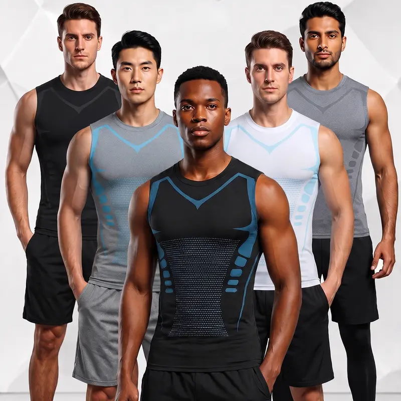 Men's Professional Training Compression Vest Set - 5-Piece Bundle - Quick-Dry, Breathable Crew-Neck T-Shirt - Shaping Compression Top Suitable for Indoor and Outdoor Training, Running, and Fitness