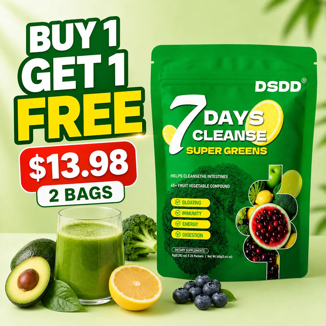 (Buy 1 Get 1 Free) DSDD 7 Days Gut Cleanse Super Greens Powder 2 Pack, 40+ Superfoods with 4M CFUs Probiotics, Daily Greens Drink Mix for Digestive Health, Gut Support & Body Wellness, Supplement, Greens Powder Probiotic & Prebiotic Supplements