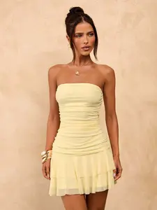 SULALIVAN Yellow Cream Strapless Ruched Figure Hugging Petite Frock Frill Margin Brunch Outfit Soft Feminine