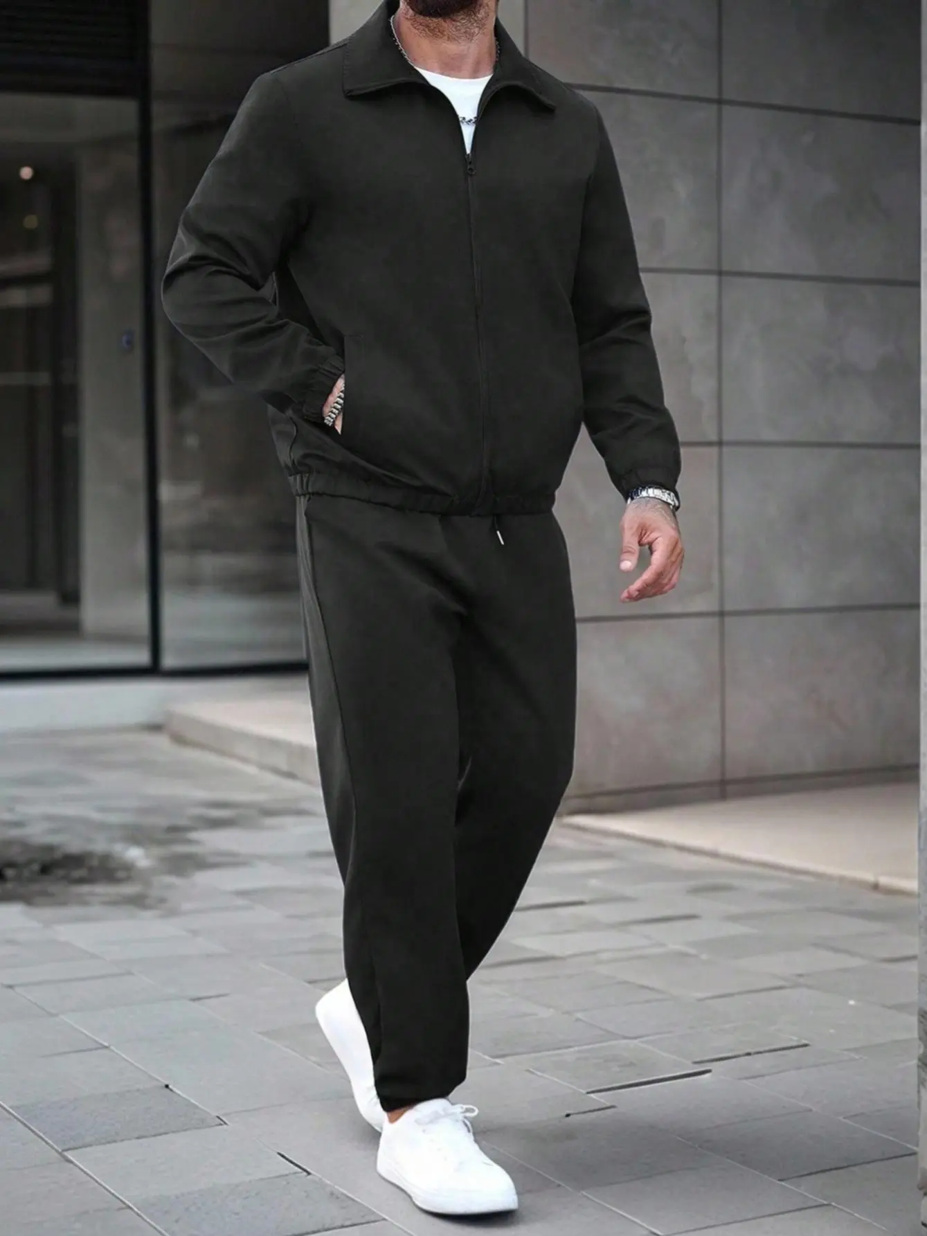 Men Lightweight 2 Pieces Tracksuit Outfit Set, Collared Full Zip Bomber Jacket with Elastic Cuffs, Drawstring Jogger Long Pants, Solid Black Breathable Casual Business Street Walking Sweatsuit