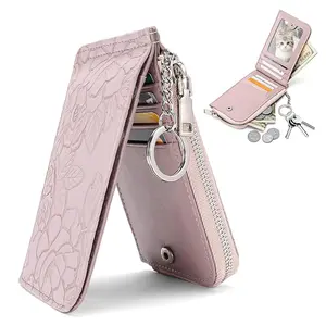 Fashion Embossed PU Leather Small Credit Card Holder Wallet for Women RFID Leather Slim Wristlet Keychain Wallets With Zipper Pocket