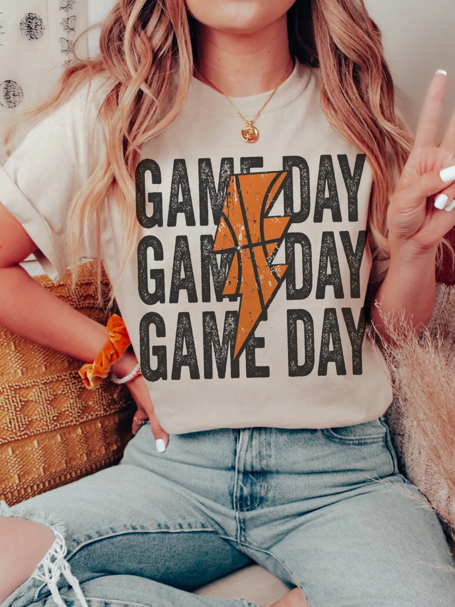 Game Day lightening bolt basketball mom/ football shirt/ sports mom T-shirt/ football T-shirt/ Gildan Sand
