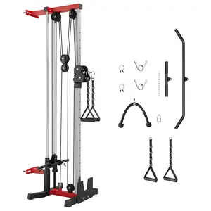 Wall Mount Cable Station, Dual Pulley Cable Crossover Machine, Tricep Rope, T-Bar, LAT Pulldown Bar & Foot Board for Home Gym Strength Training