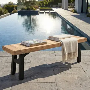 63*14.25*17.75 Inch Solid Acacia Wood Outdoor Bench, 600 LBS Weather Resistant Slat Panel Patio Bench with Two-Tone Finish, Easy Assembly for Garden Backyard Lawn