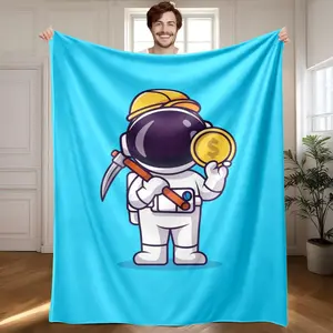 1 piece Astronaut holding a pickaxe mining cryptocurrency concept themed flannel blanket - Flannel weaving craft, a super-soft comfortable fluffy blanket, suitable for beds and sofas, all-season use, modern geometric pattern, digital print, machine