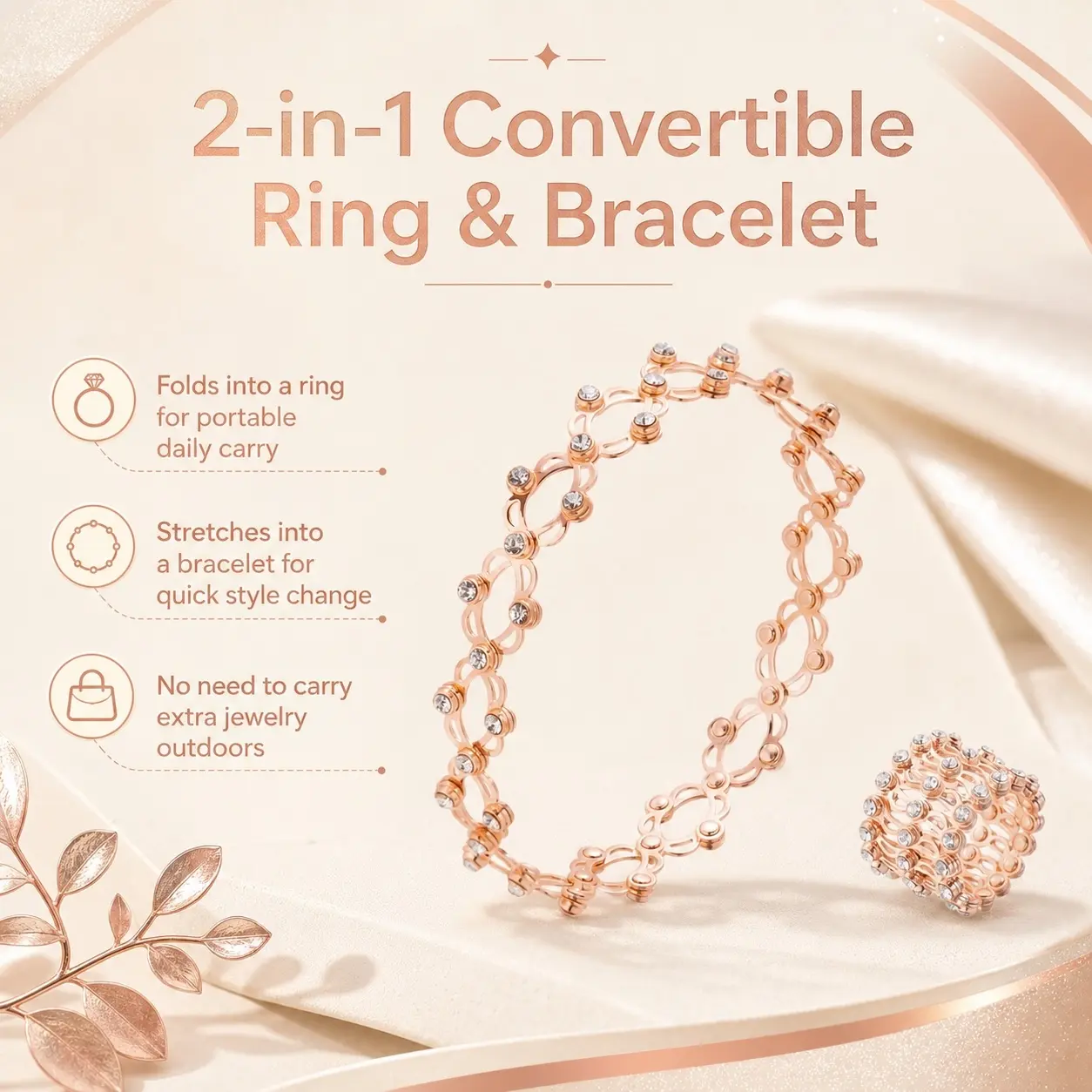 Women's Rose Gold Rhinestone 2-in-1 Magic Convertible Ring Bracelet, Expandable Stretch Costume Jewelry with Flavor Saver Piercing Nose Gift