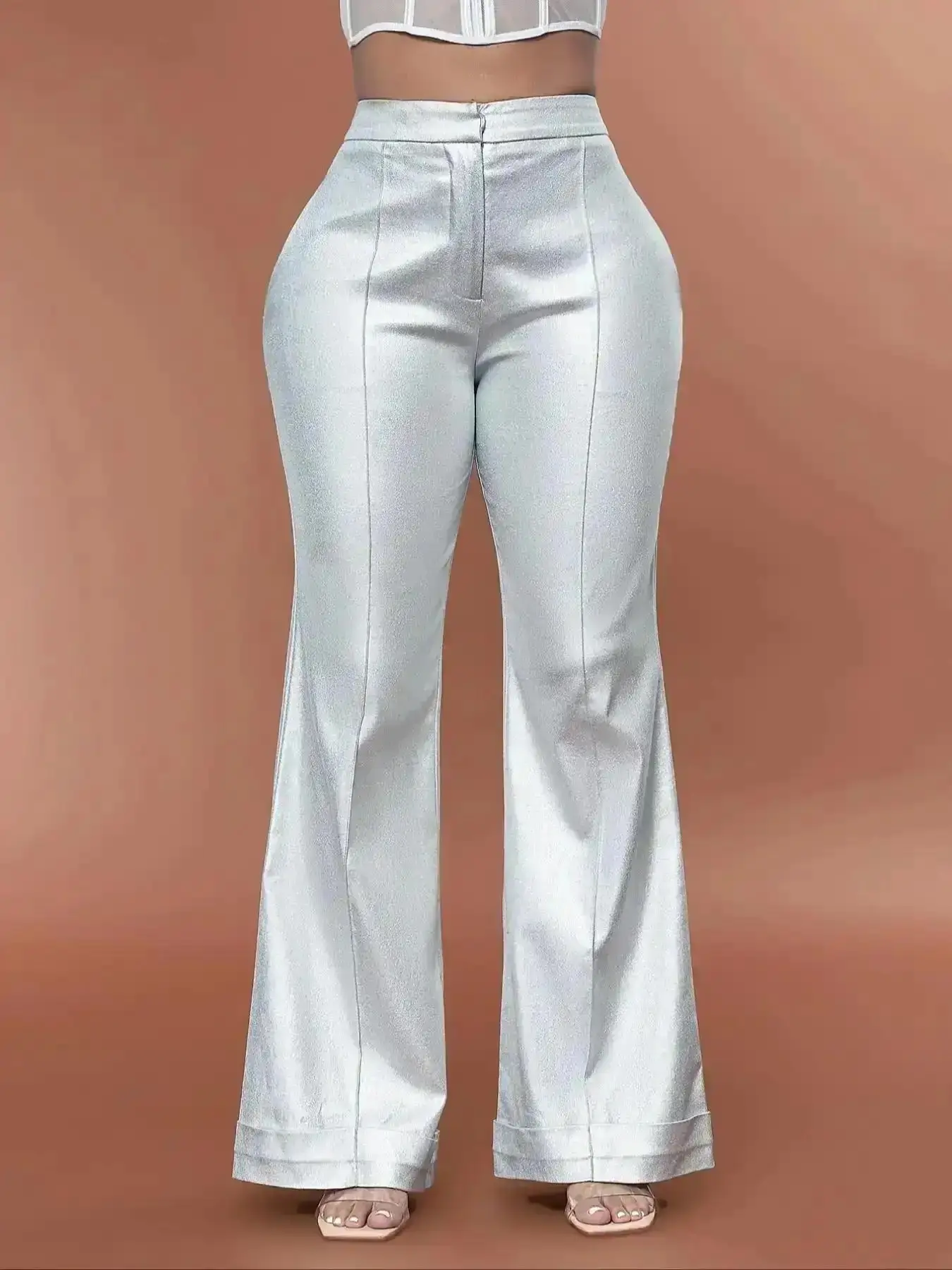 Women's Metallic Fabric Pocket Flare Leg Pants Fitted Party High Waist Trousers For Nightclub Music Festival Ladies' Bottoms Spring and Fall Slim All Season Womenswear day comfort classic fit multi polished elegant