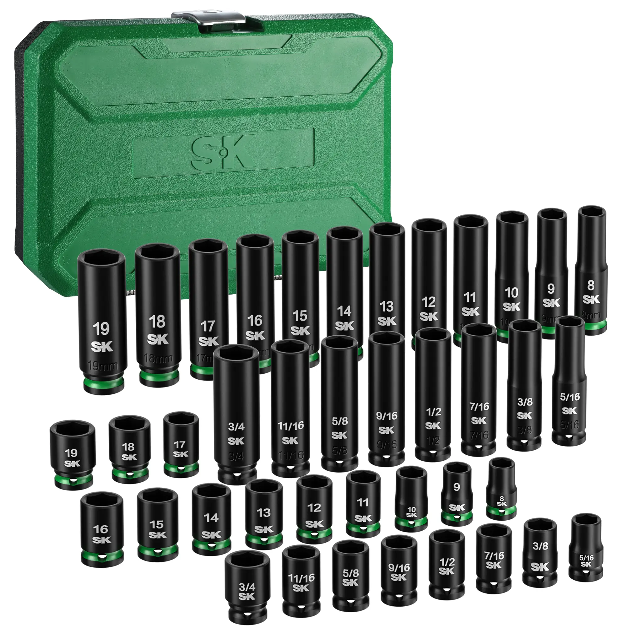 #fathersdaygift SK 3/8" Drive Impact Socket Set, 40-Pack Deep & Shallow Sockets, Metric 8 to 19mm, SAE 5/16″ to 3/4″, Premium CR-MO Steel, SureGrip 6 Point Design, With Storage Case