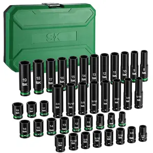 SK 3/8" Drive Impact Socket Set, 40-Pack Deep & Shallow Sockets, Metric 8 to 19mm, SAE 5/16″ to 3/4″, Premium CR-MO Steel, SureGrip 6 Point Design, With Storage Case