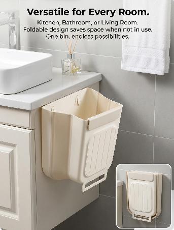 Foldable Kitchen Trash Can – Space-Saving Hanging Garbage Organizer, 1 Count, White/Gray, 27.5x25x4cm, Durable PP Material, Easy Install, Versatile Use for Home & Travel