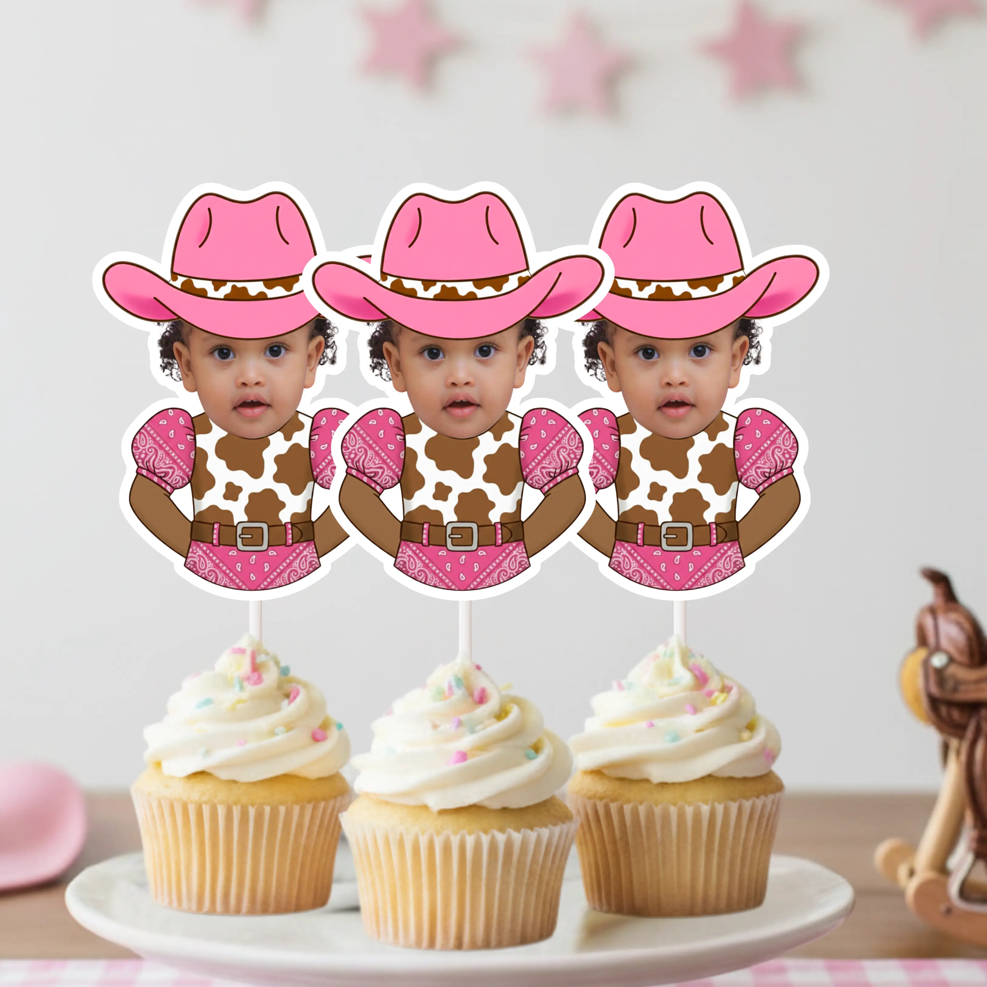 Cowgirl Face Cupcake Toppers – Personalized Pink Rodeo Birthday Decor