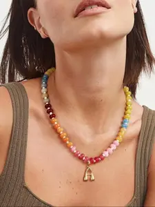 Summer Dopamine Fashion Bohemian Style Multicolor Abacus Beads, Stainless Steel 26 Bubble Letter Detachable Pendant, Unique Jewelry Accessory, Personalized Initial Necklace, Dainty Initial Necklaces