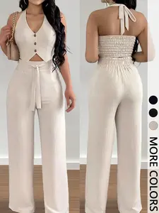 2-Piece Halter Neck Sleeveless Cutout Crop Top & Wide Leg Pants Set for Casual Holiday Fashion