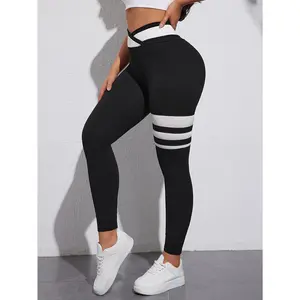 Cross Waist Color Block Yoga Workout Pants, High Waist Running Sports Fitness Leggings, Women's Activewear