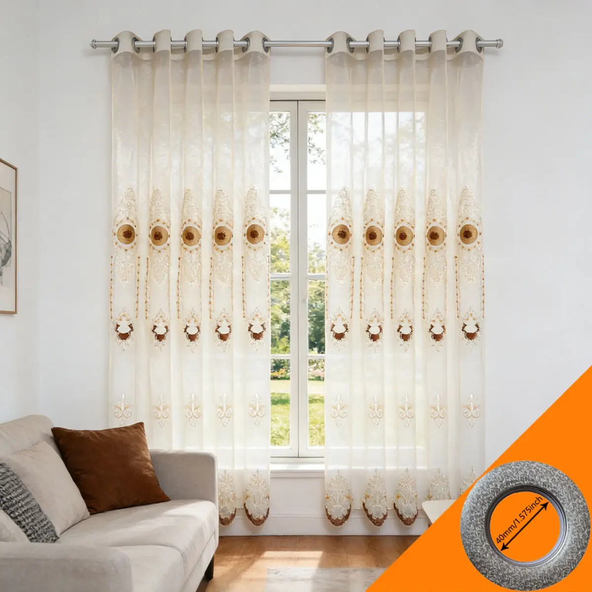 2pcs European Luxury Champagne Gold Embroidered Sheer Curtain, Living Room Transparent Privacy Window Shade, Bedroom Pierced Curtains