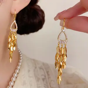 Unique Full-Diamond Water Drop and Wheat Ear Tassel Earrings DDES0452, Elegant, Fashionable, Luxurious, Versatile Ear Hooks for Women, 14K Gold-Plated
