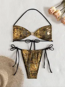 Women's Bikini Two-Piece Set, Bandeau Bathing Suits, Special Fabric Sparkle Texture, Fashionable Seashell Decoration, Swimwear