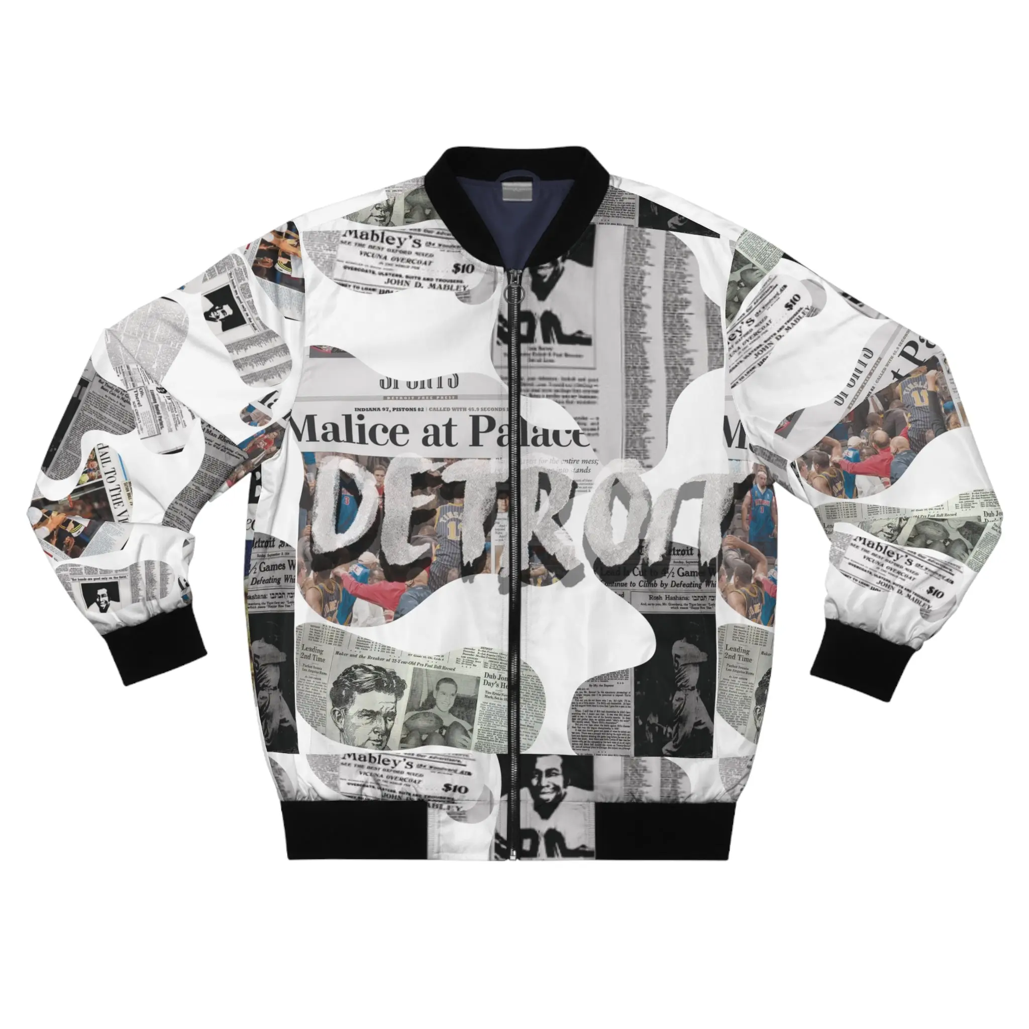 Detroit Newspaper Cutout Kimante All White AOP Bomber Jacket