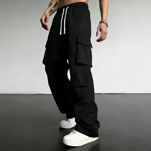 Men's Spring Loose Straight-Leg Work Pants, Multi-Pocket Design with Adjustable Drawstring Elastic Waistband, Outdoor Casual Sports Trousers Long Long