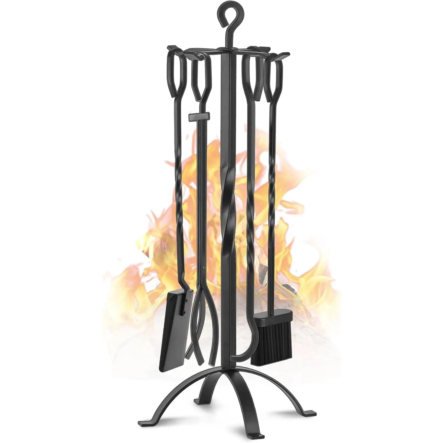 Fireplace Tools Set 5 count 32 Inch Modern Black Wrought Iron Large Fire Tool Set for Outdoor/Indoor Include Chimney , Tongs, Shovel, Brush and Stand Accessories Set