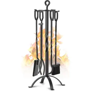 Fireplace Tools Set 5 count 32 Inch Modern Black Wrought Iron Large Fire Tool Set for Outdoor/Indoor Include Chimney , Tongs, Shovel, Brush and Stand Accessories Set