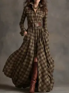 Plaid Button Front Maxi Shirt Dress