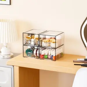 2pcs Stackable Makeup Organizer Drawers, Durable Storage Organizer, Clear Cosmetic Storage Box for Vanity Countertop, Acrylic Desk Organizer for Skincare Jewelry, Multi-Functional Drawer Storage for Bathroom Bedroom, Space Saving Beauty Case, White