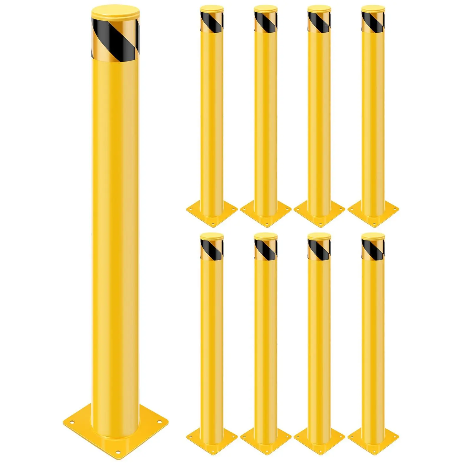 Yellow Steel Safety Bollard Posts 8-Pack, 48” Height, 4.5” Diameter, Removable Barriers with Anchor Bolts for Construction, Traffic-Sensitive Areas