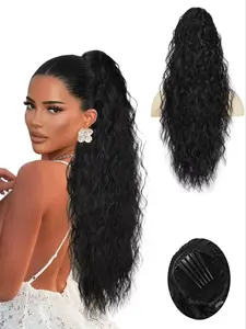 30 Inch Long Curly Wavy Drawstring Ponytail Extension – Synthetic Comb Clip in Ponytail Hairpiece for Women, Voluminous Dark Brown Ponytail Hair Extensions Black Fake Ponytail Hairpieces