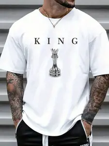 Men's Round Neck Short Sleeve T-Shirt with Casual Chess Pattern Print Streetwear, Stylish Unisex Design for All Seasons, Comfortable Fitted Knit Tee