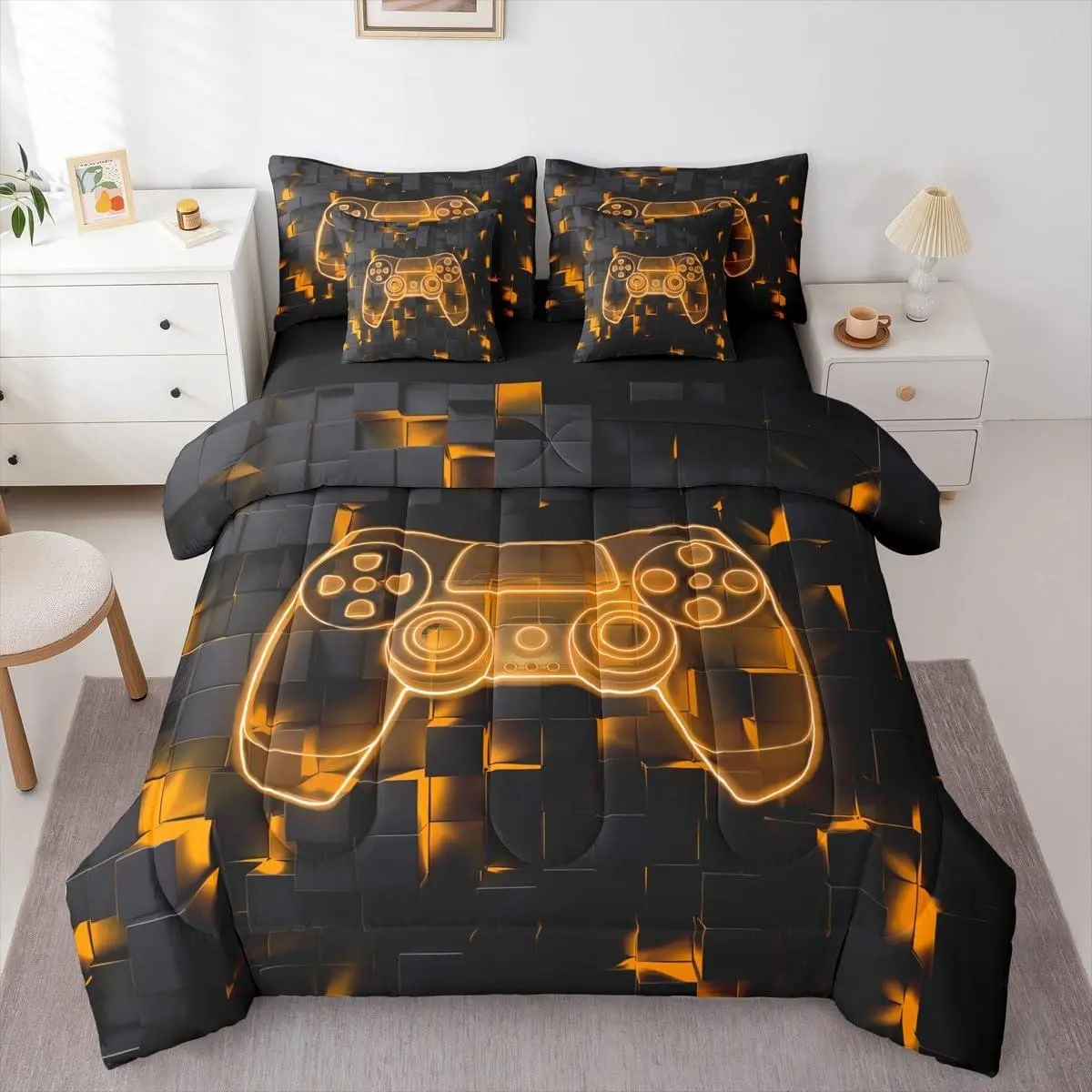 Gaming Bed in A Bag 7 Piece Modern Gamer Bedding Set with Sheets | Video Games Comforter Set Bedroom,Gamepad Ombre Geometric Bed Sets,Orange