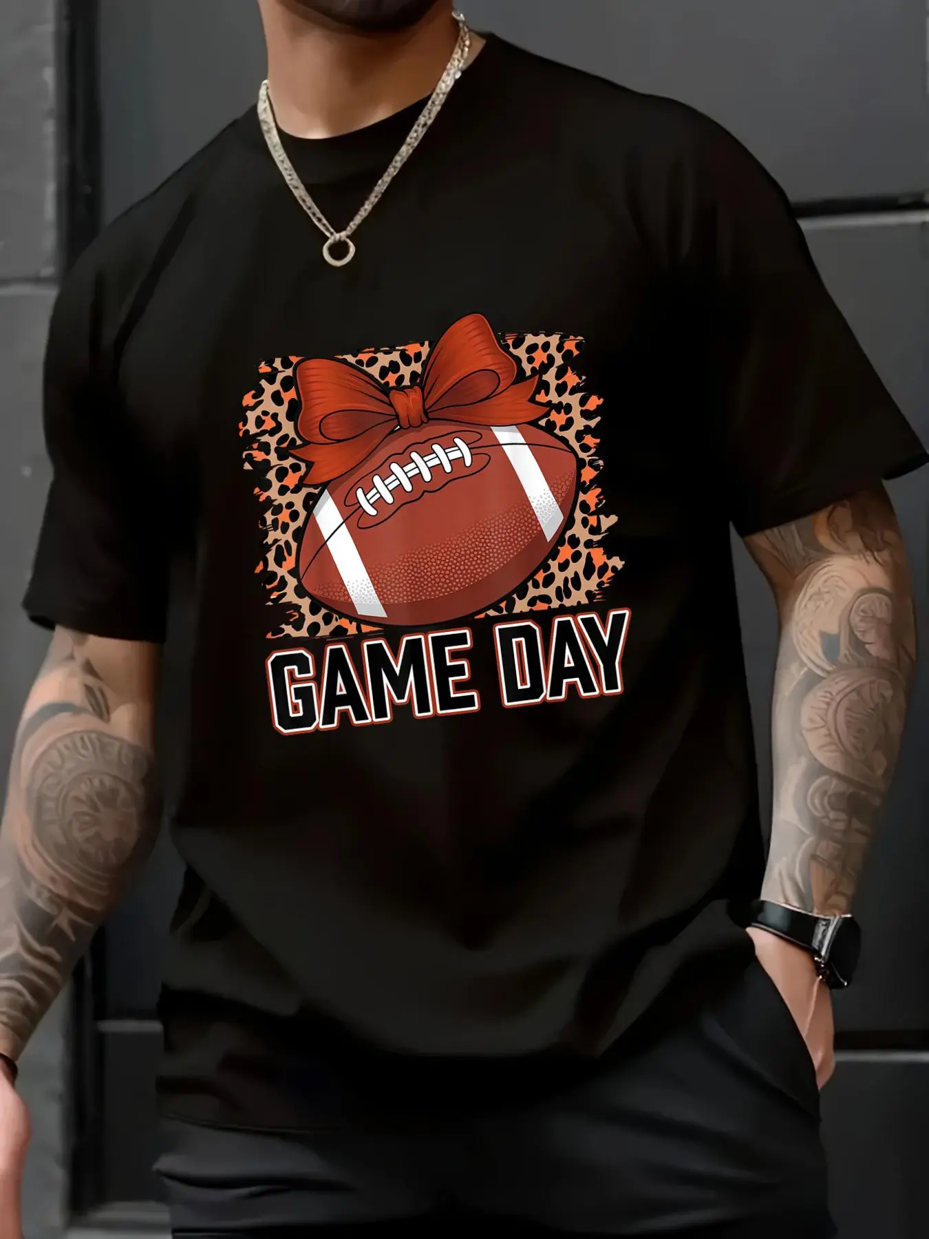 Unisex 100% Cotton Short-Sleeve Leopard Cheetah Print Classic Casual Football T-Shirt - Men's Top, Cozy Lounge & Party Wear, Essential Wardrobe Staple, Outfits, Streetwear, Loose, Menswear, Crew Neck, Round Neck, Printed Front, Relaxed Cut, T-Shirt Top
