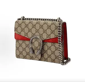 Pre-owned GUCCI Dionysus Textured Tiger Head Spur Buckle Monogram Logo Print Canvas & Suede Chain Bag, Women's Crossbody & Shoulder Bag, Ebony Red Color Block