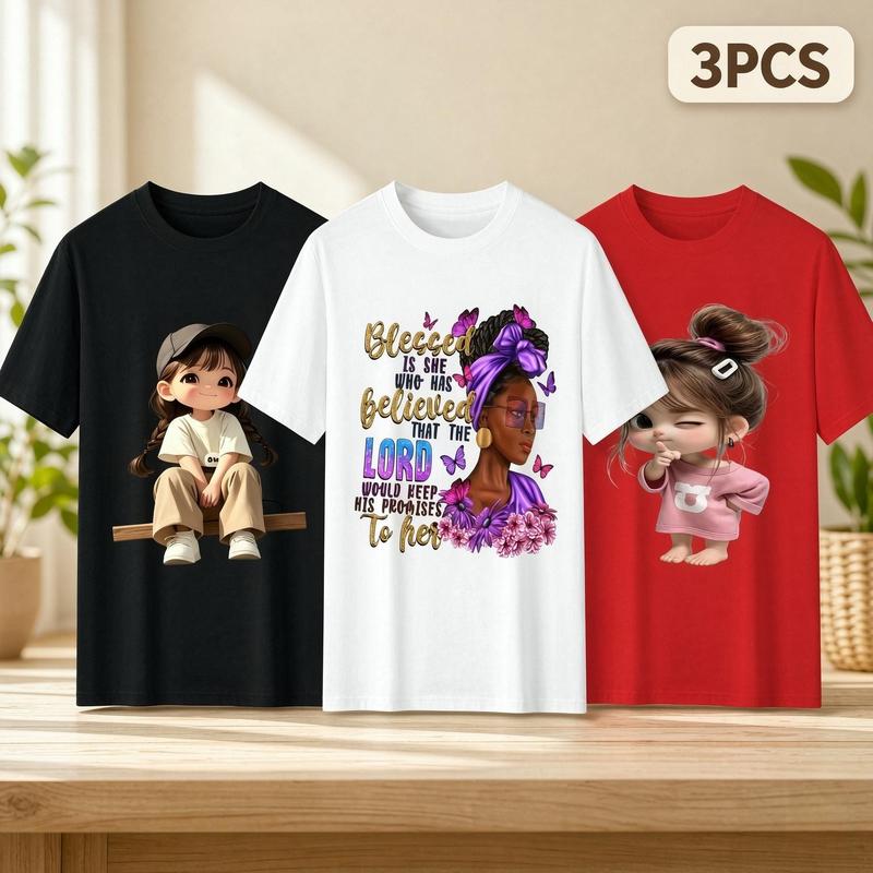 Women's Plus Size 3-Pack Graphic T-Shirts - Pure Cotton Crew Neck, Blessed Faith Christian Tee, Cartoon Girls Prints, Oversized Loose Fit Short Sleeve Summer Casual Streetwear Tops